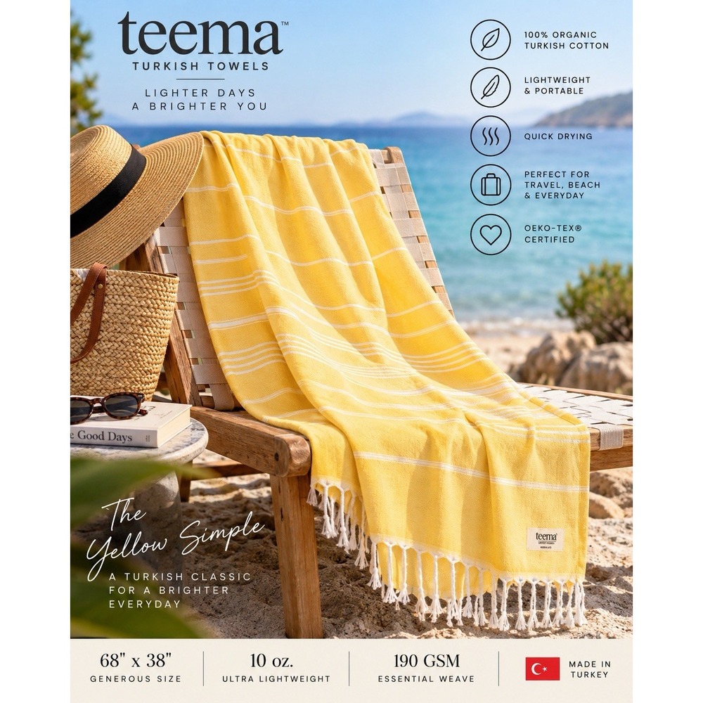 Teema The Yellow Simple Turkish Towel 68x38 Organic Cotton Peshtemal Beach Bath